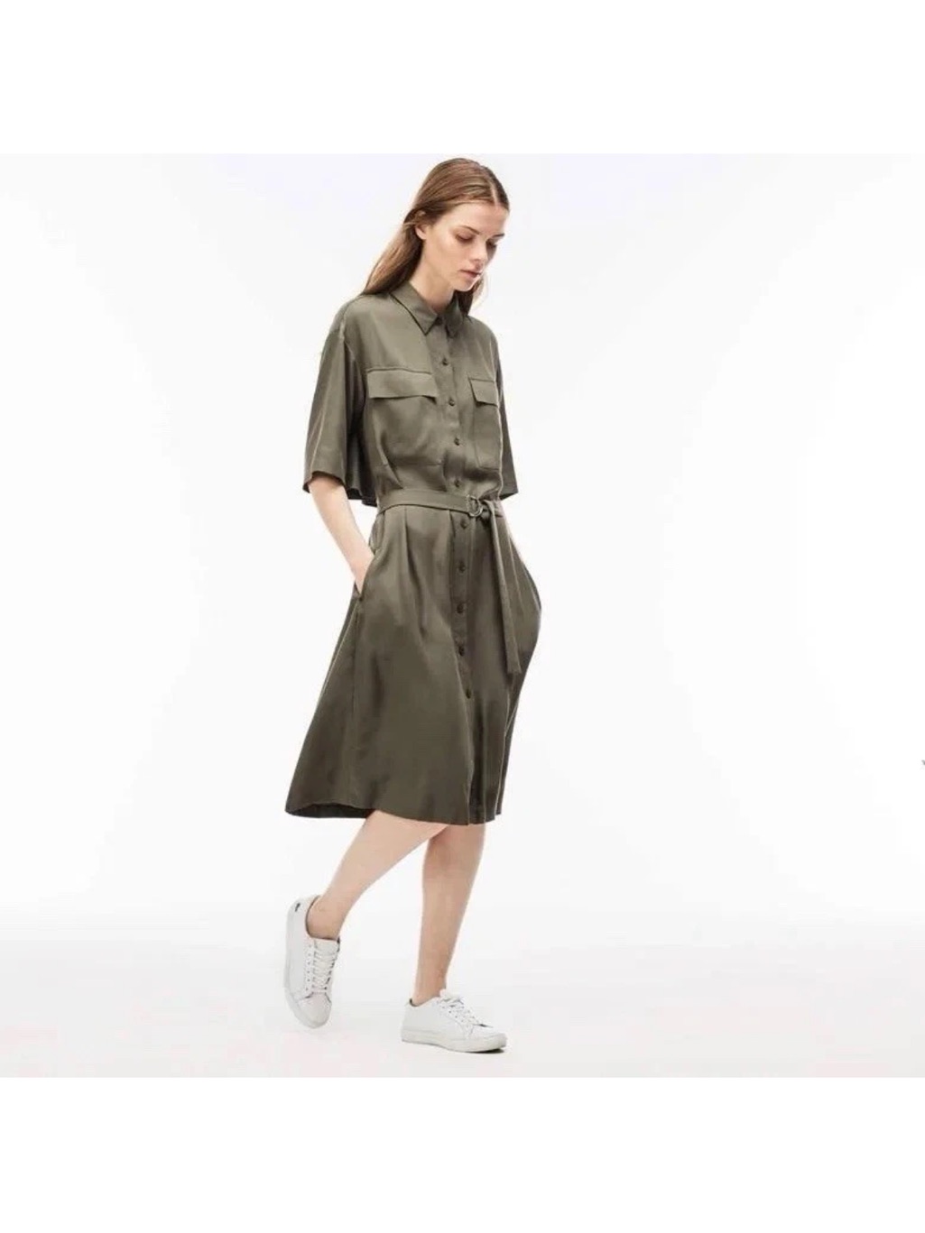 Lacoste Button-Front Olive Green Shirt Dress With Belt